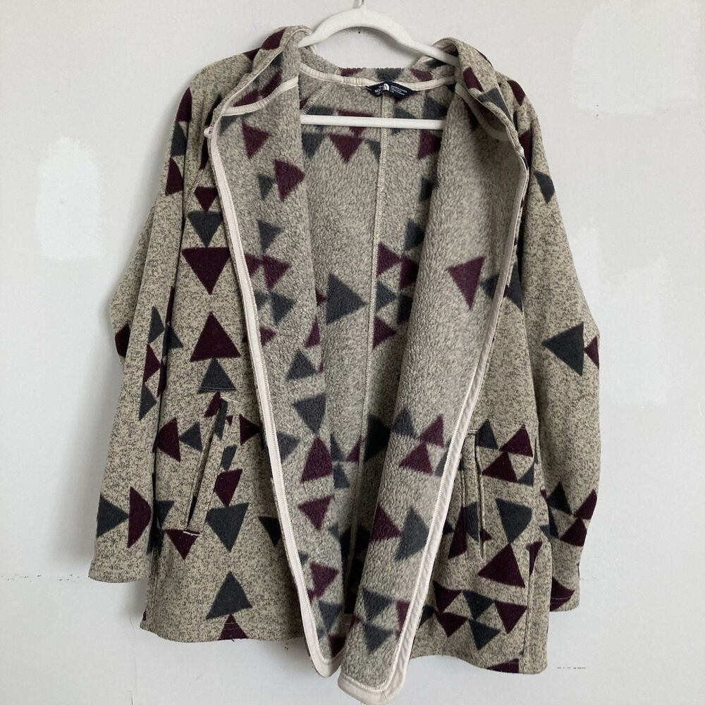 North Face Crescent Wrap Fleece Jacket LARGE Hooded Beige Aztec Print
